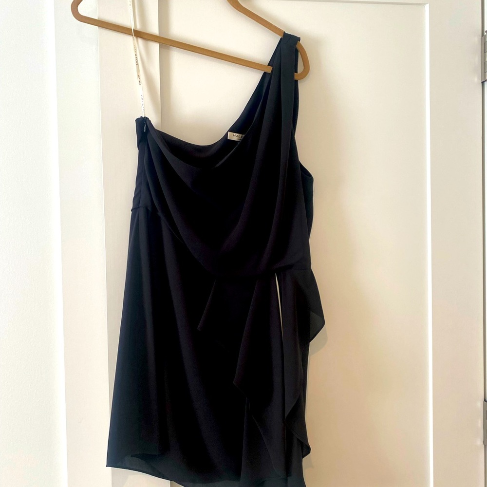 Halston one shoulder black party dress